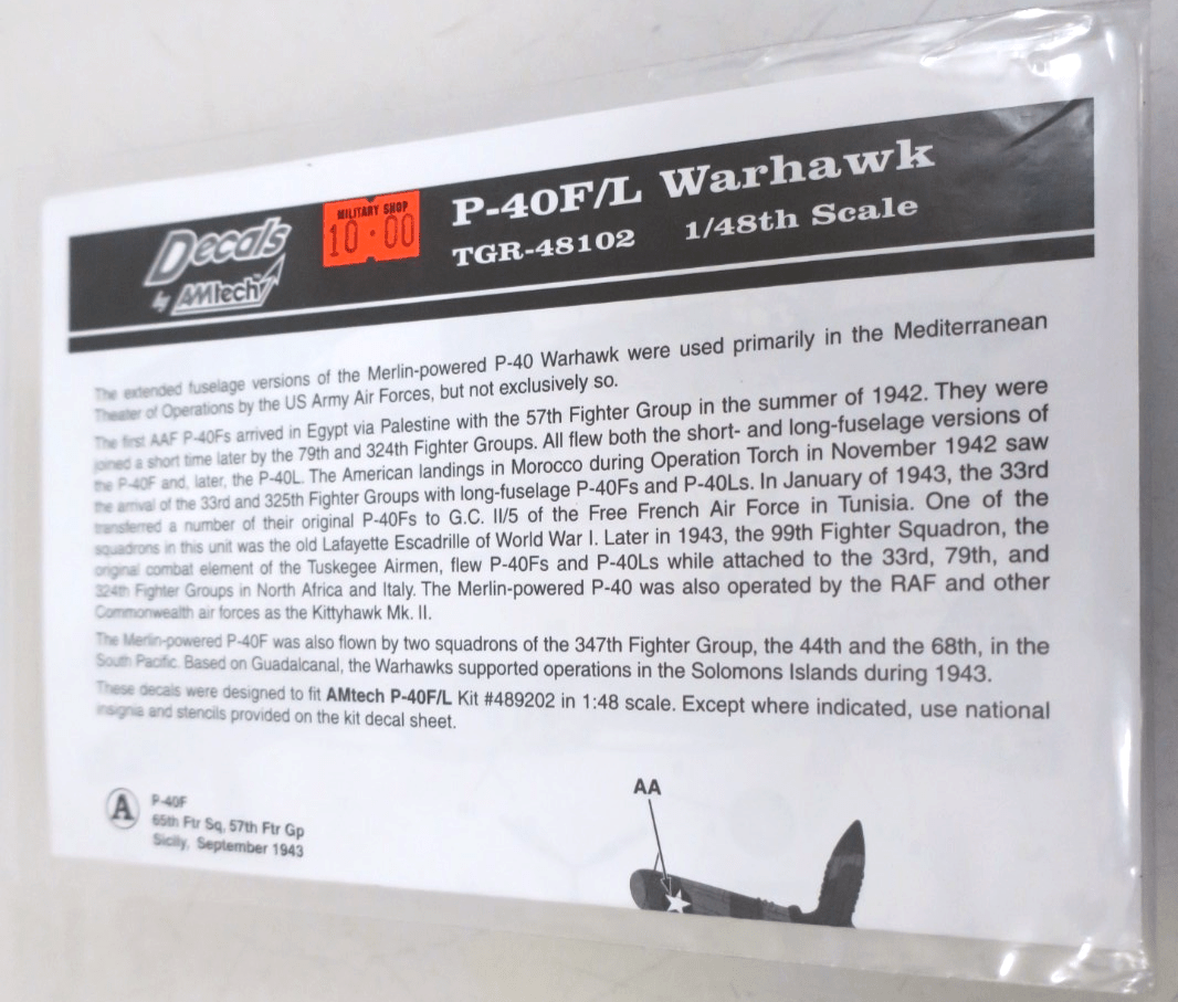 AMtech Decals 1/48 P - 40F/L Warhawk TGR - 48102 - WISE GUYS HOBBIES LLC