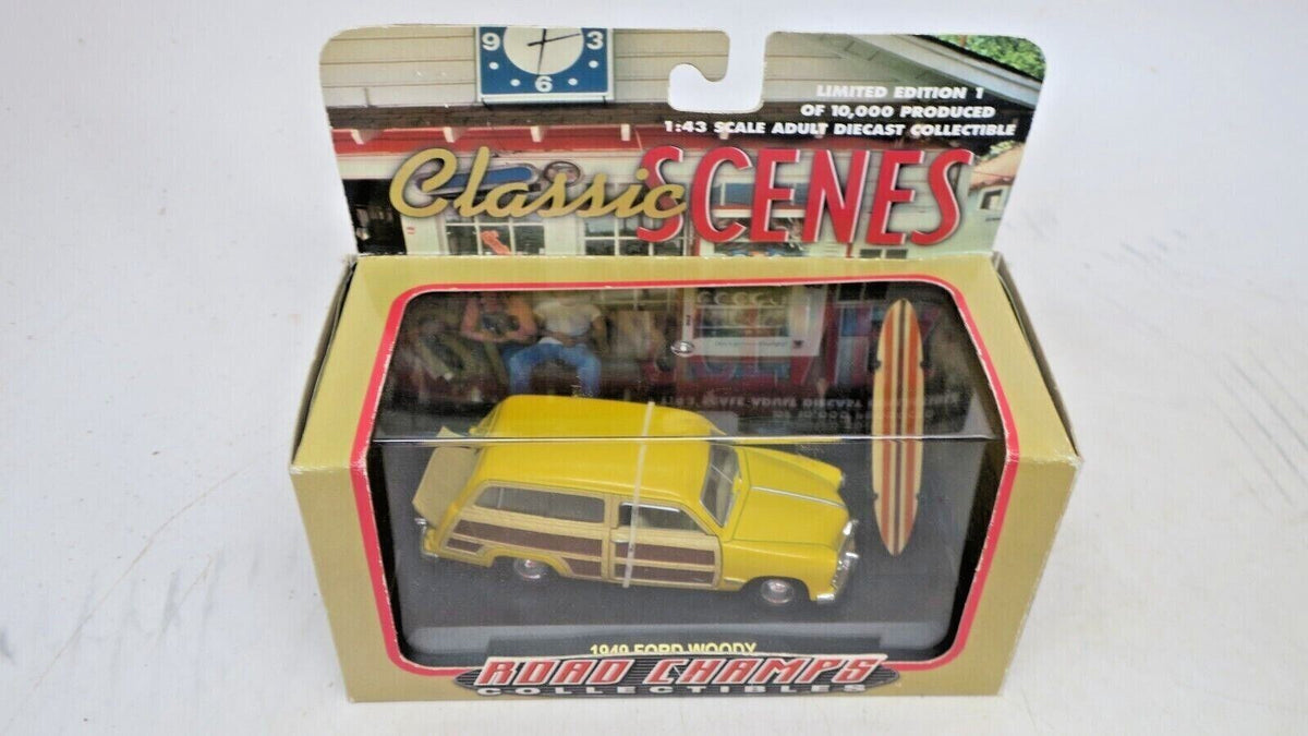 ROAD CHAMPS CLASSIC SCENES 1949 FORD WOODY WAGON W/ SURF BOARD - WISE GUYS HOBBIES LLC