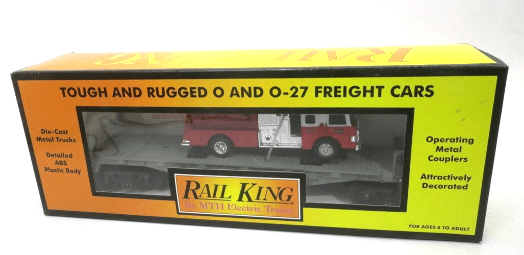MTH Rail King Flat Transport Flat Bed With FIRE TRUCK CUSTOM 30- 7680 - WISE GUYS HOBBIES LLC