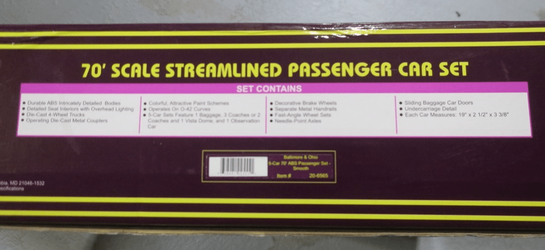 MTH 20-6565 O Baltimore & Ohio 70' Streamlined Passenger Car Set (Set of 5) - WISE GUYS HOBBIES LLC