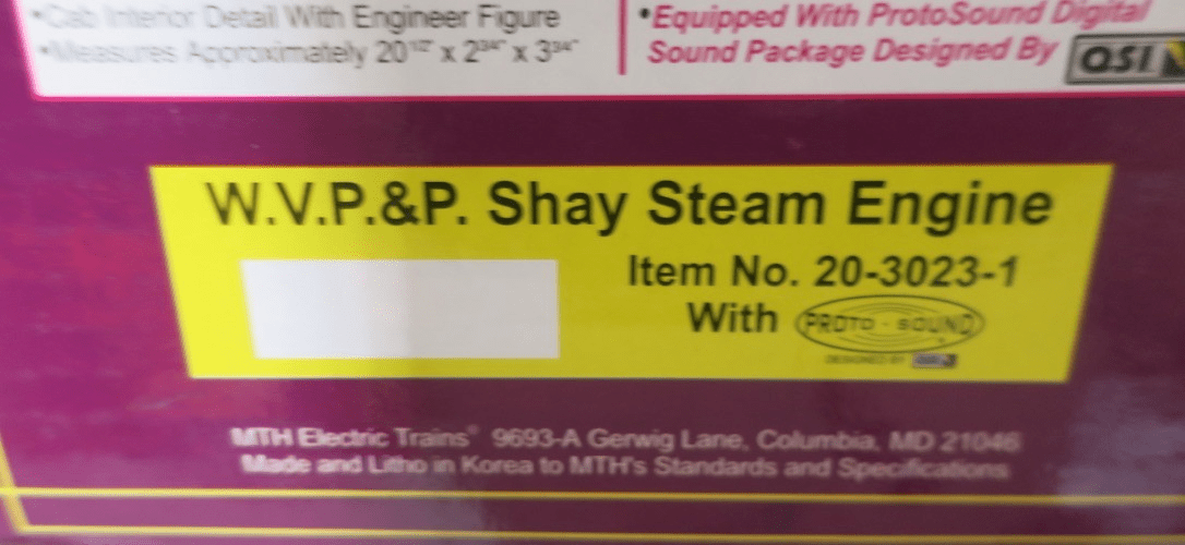 MTH 20-3023-1 W.V.P.&P. Shay Die-Cast Steam Engine & Tender w/ProtoSound - WISE GUYS HOBBIES LLC