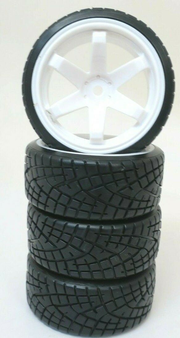 1/10 Scale On-Road 6 Spoke White Rims V-Tread Hard Compound Drift Tires Wheels - WISE GUYS HOBBIES LLC