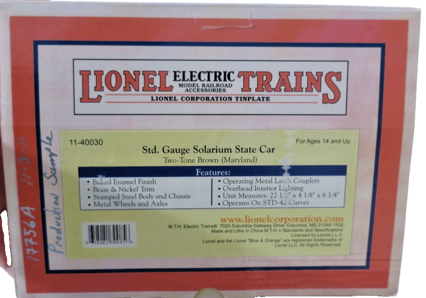 MTH 11-40030 Standard Gauge Maryland Two-Tone Brown Solarium State Car` - WISE GUYS HOBBIES LLC