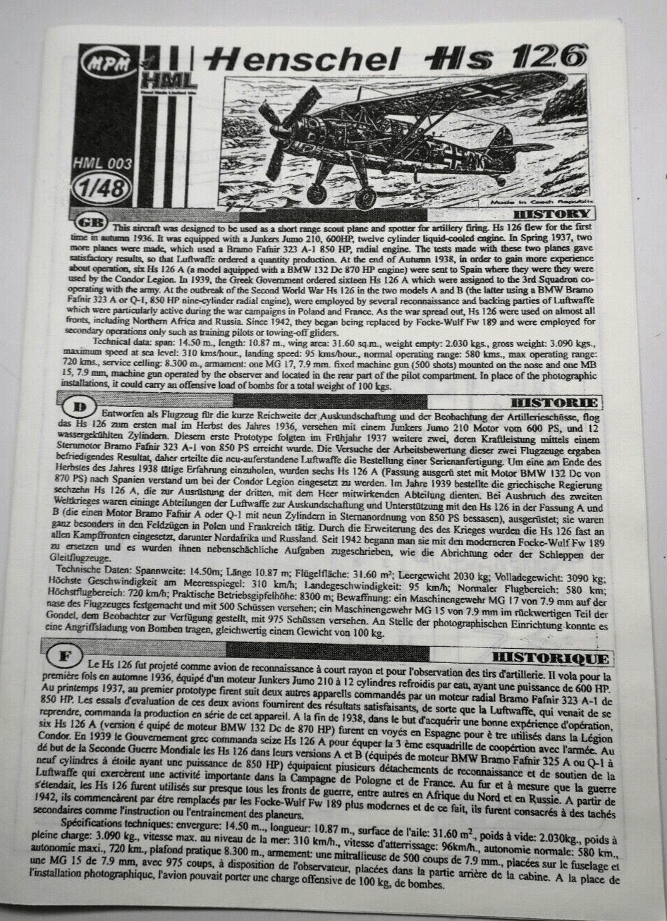 MPM 1/48 Henschel HS-126 Resin Cast Kit - WISE GUYS HOBBIES LLC