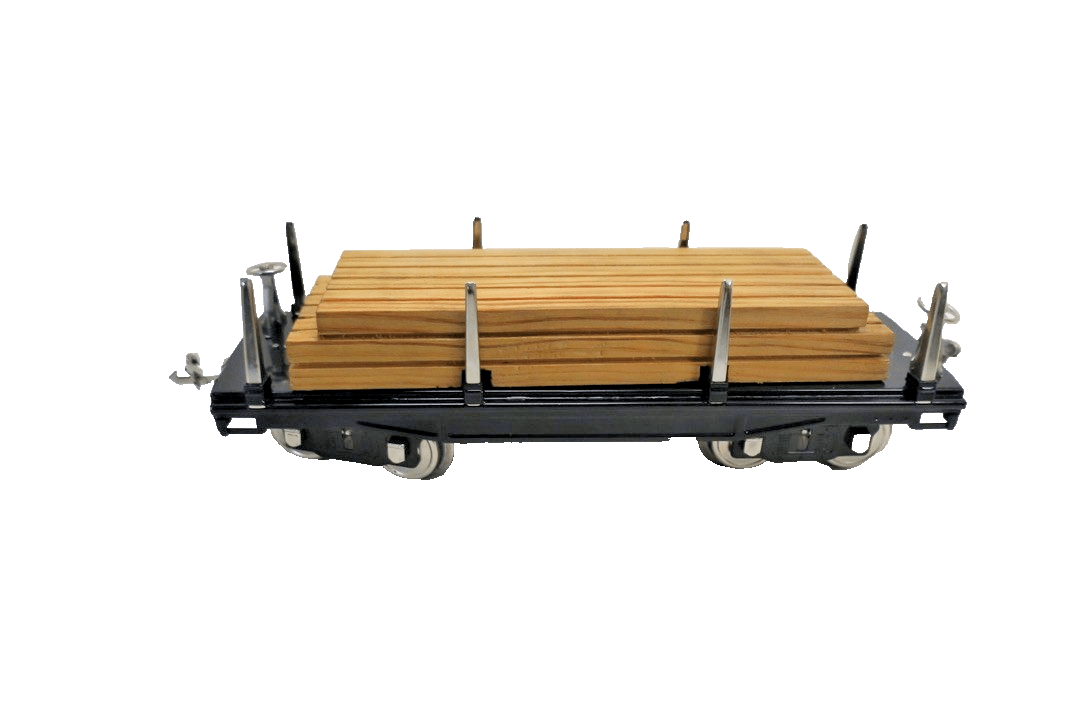 MTH Standard Gauge Tinplate Black 511 Flat Car w/ Wood Load 10 - 1117 - WISE GUYS HOBBIES LLC