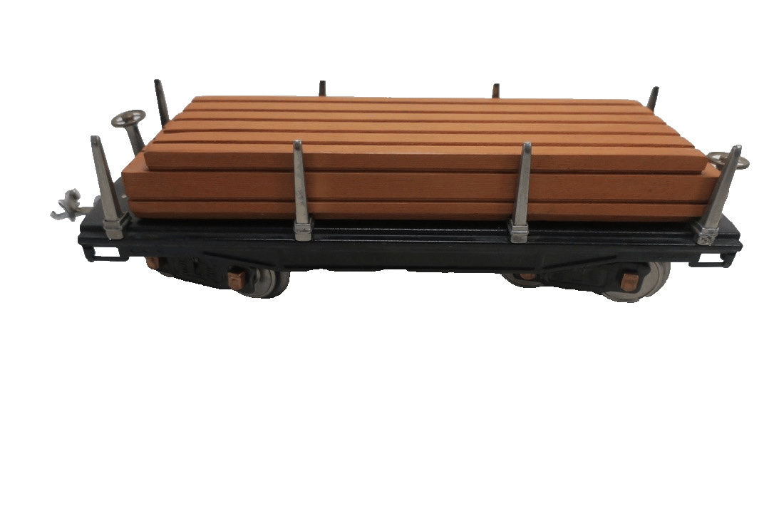 MTH Standard Gauge Tinplate Black 511 Flat Car w/ Wood Load 10 - 1117 - WISE GUYS HOBBIES LLC