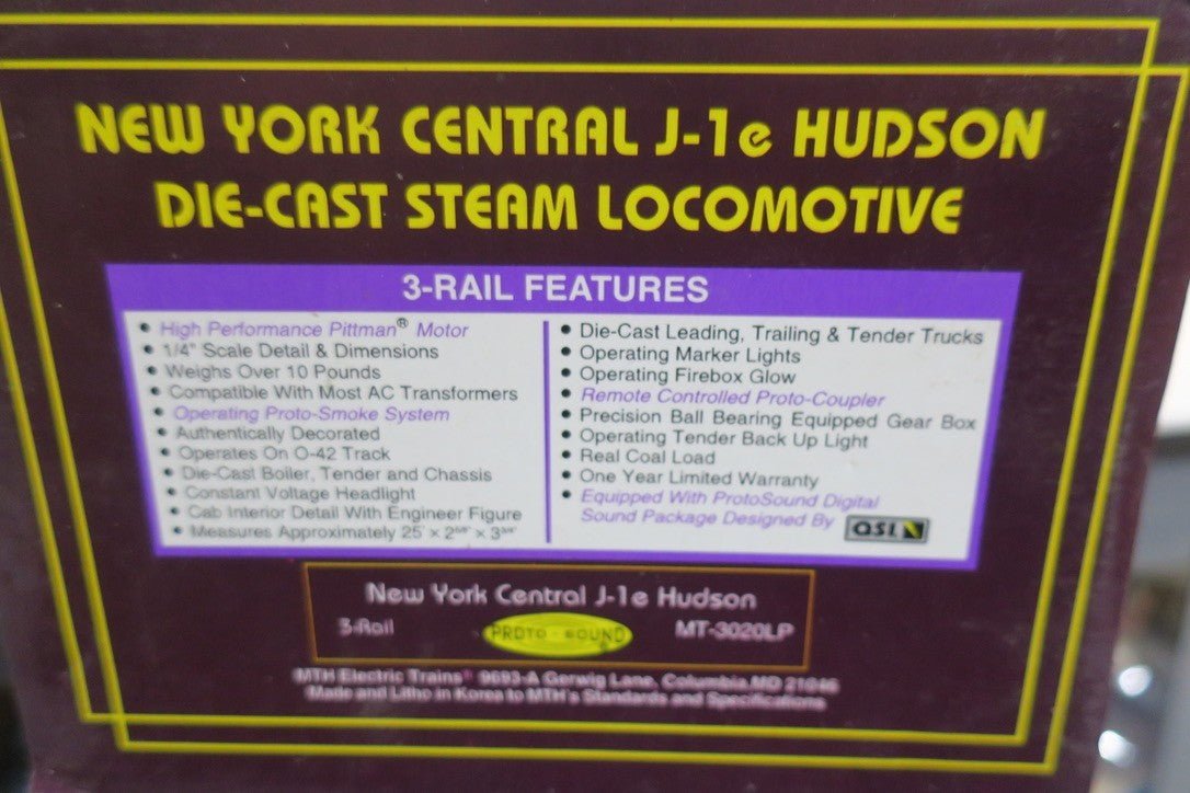 MTH MT - 3020LP New York Central J - 1 e Hudson w/Proto sound - NIB - WISE GUYS HOBBIES LLC