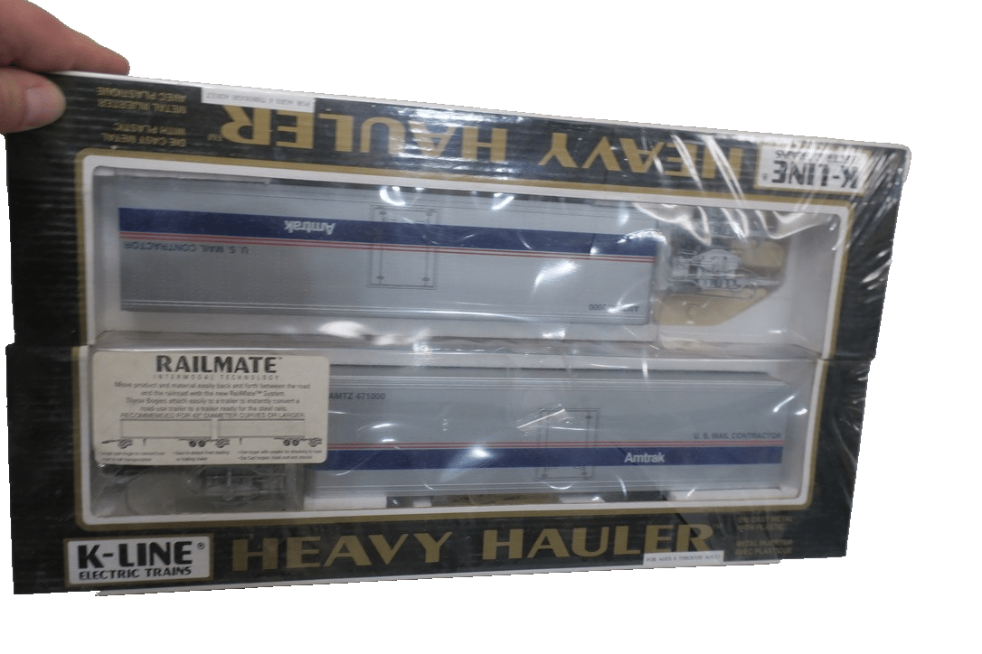 K - Line Heavy Hauler Railmate Amtrak U.S. Mail Trailers O Gauge New - WISE GUYS HOBBIES LLC