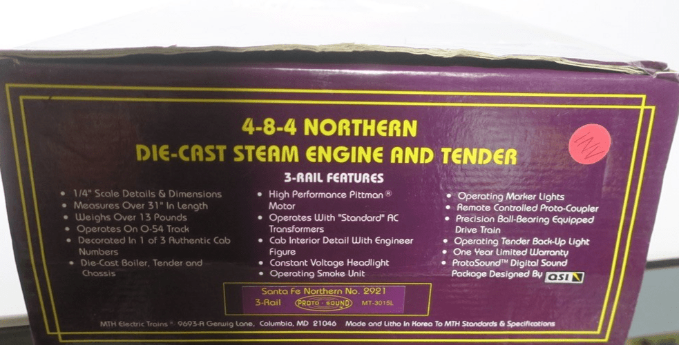 MTH Premier 20-3015-1 Santa Fe 4-8-4 Northern Steam PS.1 O 2921 ATSF - WISE GUYS HOBBIES LLC