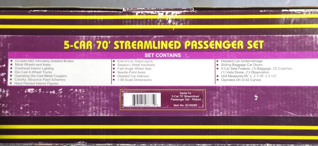 MTH 20-65066 O Santa Fe Premier 70' Streamlined Passenger Car Set (Set of 5)
