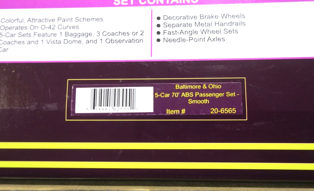 MTH 20-6565 O Baltimore & Ohio 70' Streamlined Passenger Car Set (Set of 5)