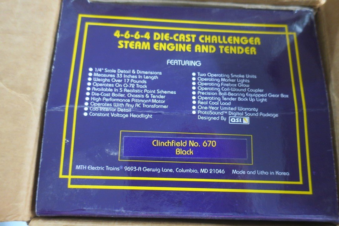 MTH O Scale Clinchfield 4 - 6 - 6 - 4 Steam Engine & Tender 670 Black Train - WISE GUYS HOBBIES LLC
