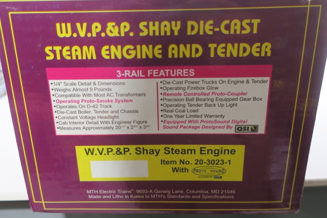 MTH  20-3023-1 W.V.P.&P. Shay Die-Cast Steam Engine & Tender w/ProtoSound - WISE GUYS HOBBIES LLC
