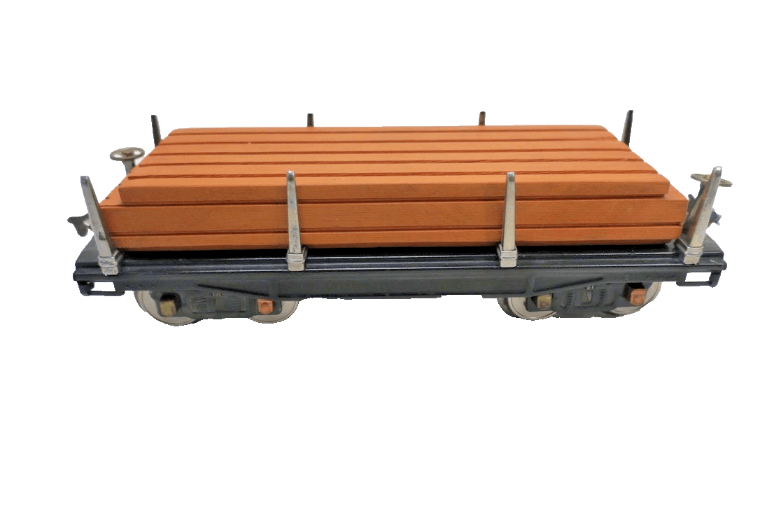 MTH Standard Gauge Tinplate Black 511 Flat Car w/ Wood Load 10 - 1117 - WISE GUYS HOBBIES LLC