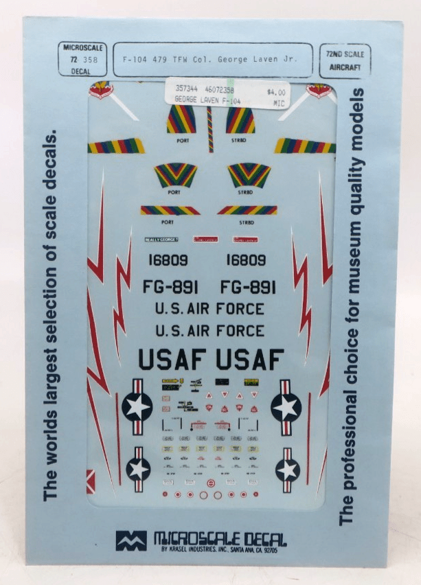 Microscale Decal 1/72 F-104 479 TFW Col. George Laven Jr Decals 72-358 - WISE GUYS HOBBIES LLC