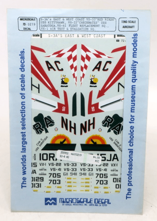 Microscale Decal 1/72 S-3A's East & West Coast VS-33 "Red Birds" Decals 72-0219 - WISE GUYS HOBBIES LLC