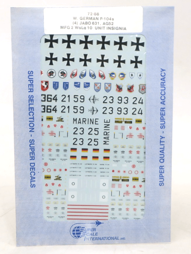 Super Scale 1/72 W German F-104 (4) Jabo 631, AG52, MFG 2 Decals 72-88 - WISE GUYS HOBBIES LLC