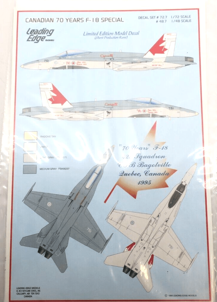 Leading Edge Models 1/72 Canadian 70 Year F-18 Special Decal set 727 - WISE GUYS HOBBIES LLC