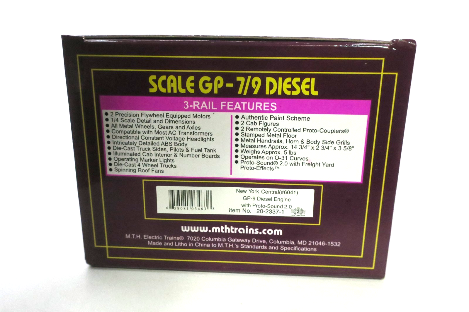 MTH Premier O Gauge 6041 New York Central GP-9 Diesel Locomotive No.20-2337-1