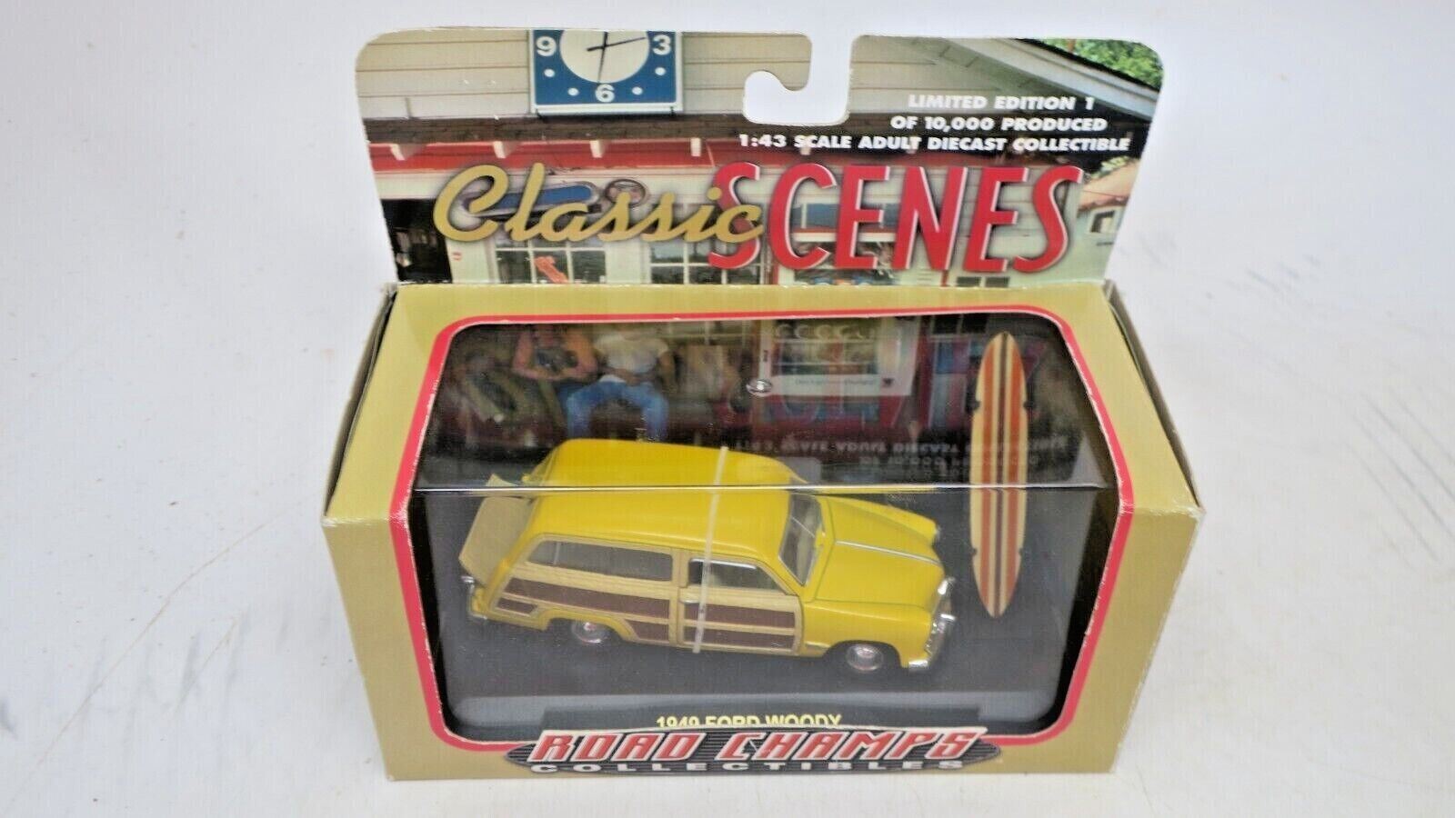 ROAD CHAMPS CLASSIC SCENES 1949 FORD WOODY WAGON W/ SURF BOARD - WISE GUYS HOBBIES LLC