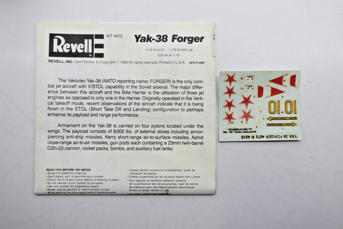 Revell 1/72 YaK - 38 Forger Model Kit 4072 - WISE GUYS HOBBIES LLC