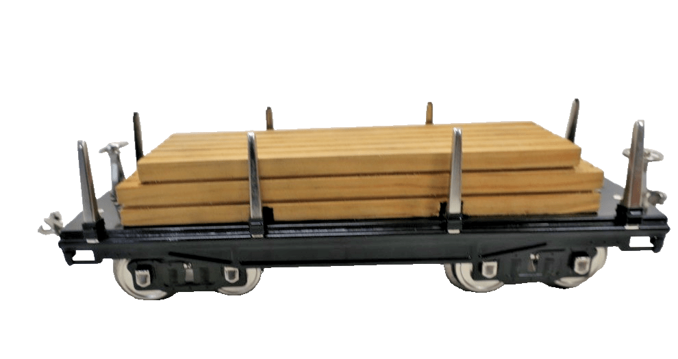 MTH Standard Gauge Tinplate Black 511 Flat Car w/ Wood Load 10 - 1117 - WISE GUYS HOBBIES LLC