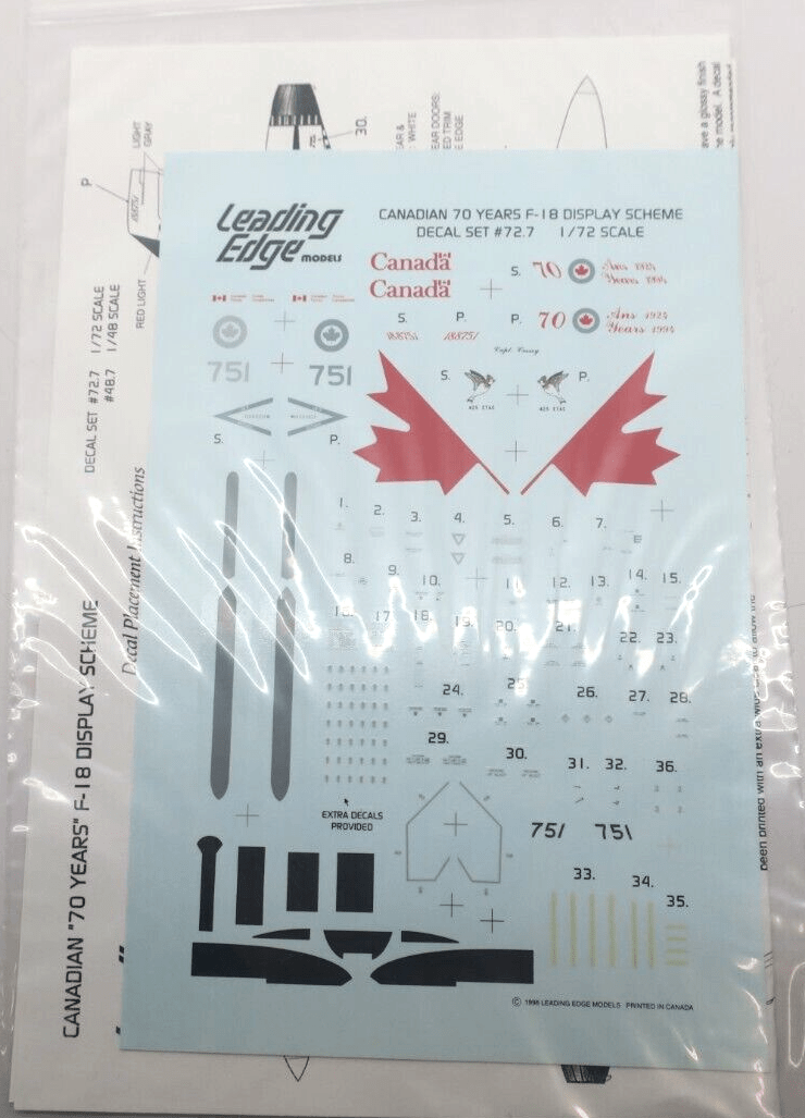 Leading Edge Models 1/72 Canadian 70 Year F-18 Special Decal set 727 - WISE GUYS HOBBIES LLC