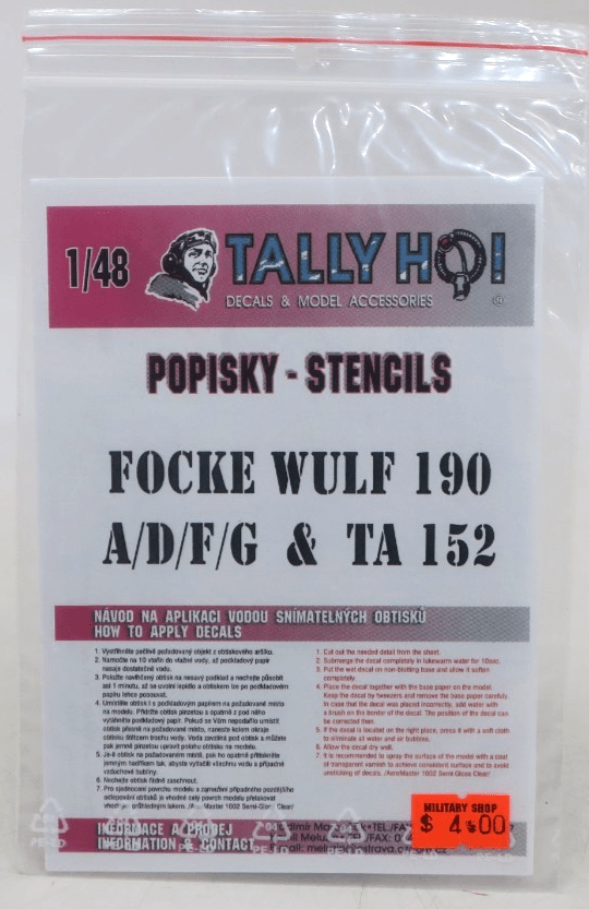 Tally Ho! 1/48 Focke Wulf 190 A/D/F/G & TA 152 Stencils Decals S 48 008 - WISE GUYS HOBBIES LLC