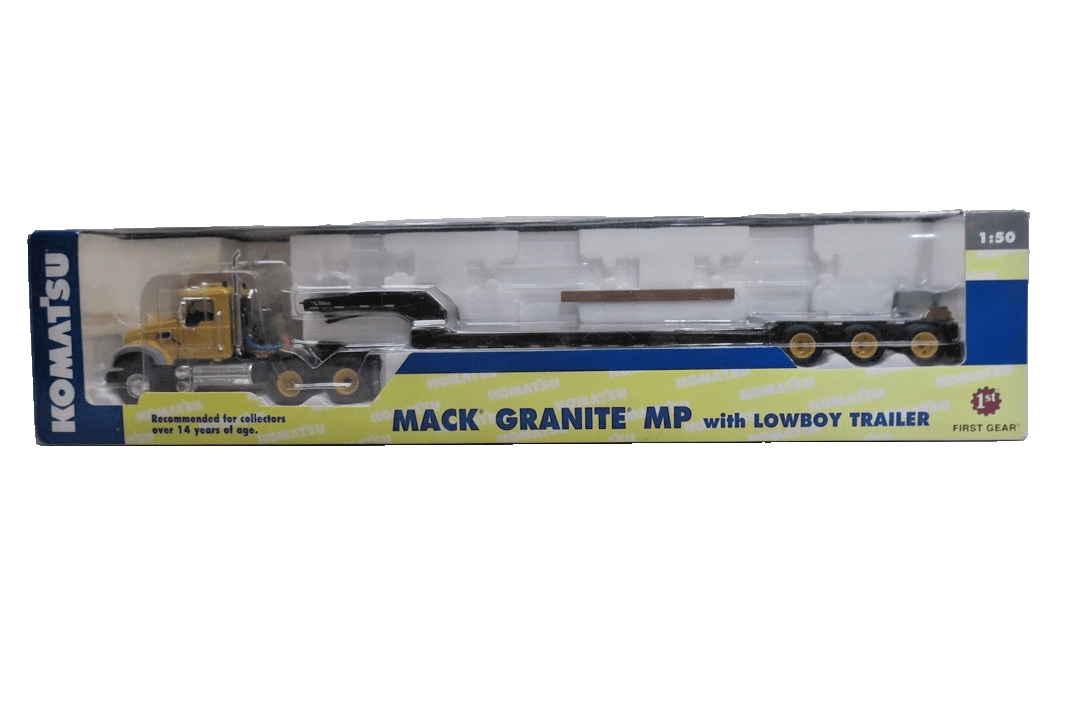 First Gear Mack Granite MP w/ Lowboy Trailer Komatsu 1:50 Scale Diecast Truck - WISE GUYS HOBBIES LLC