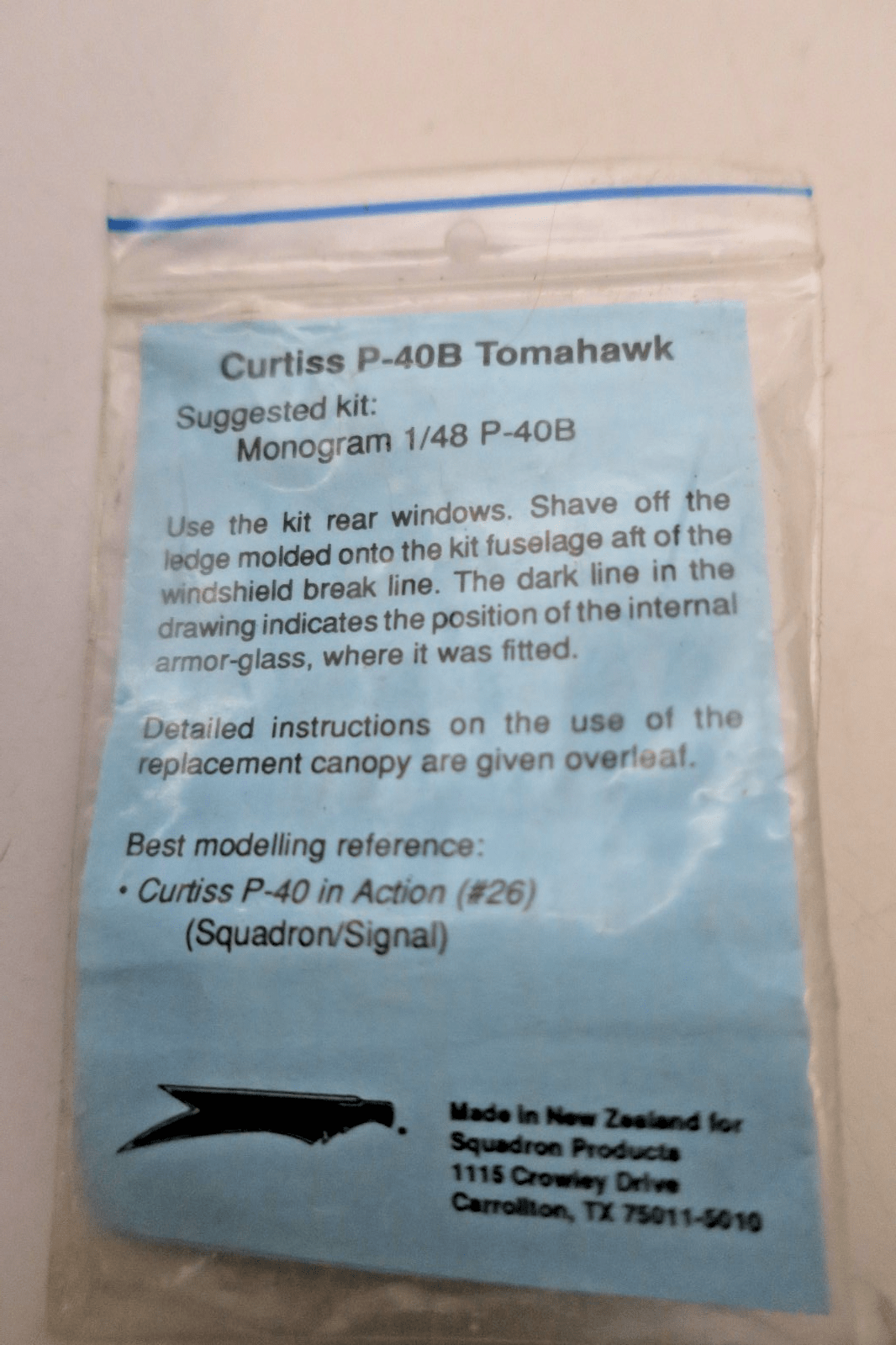 Squadron 1/48 Curtiss P - 40B Tomahawk Canopy Part 9527 - WISE GUYS HOBBIES LLC
