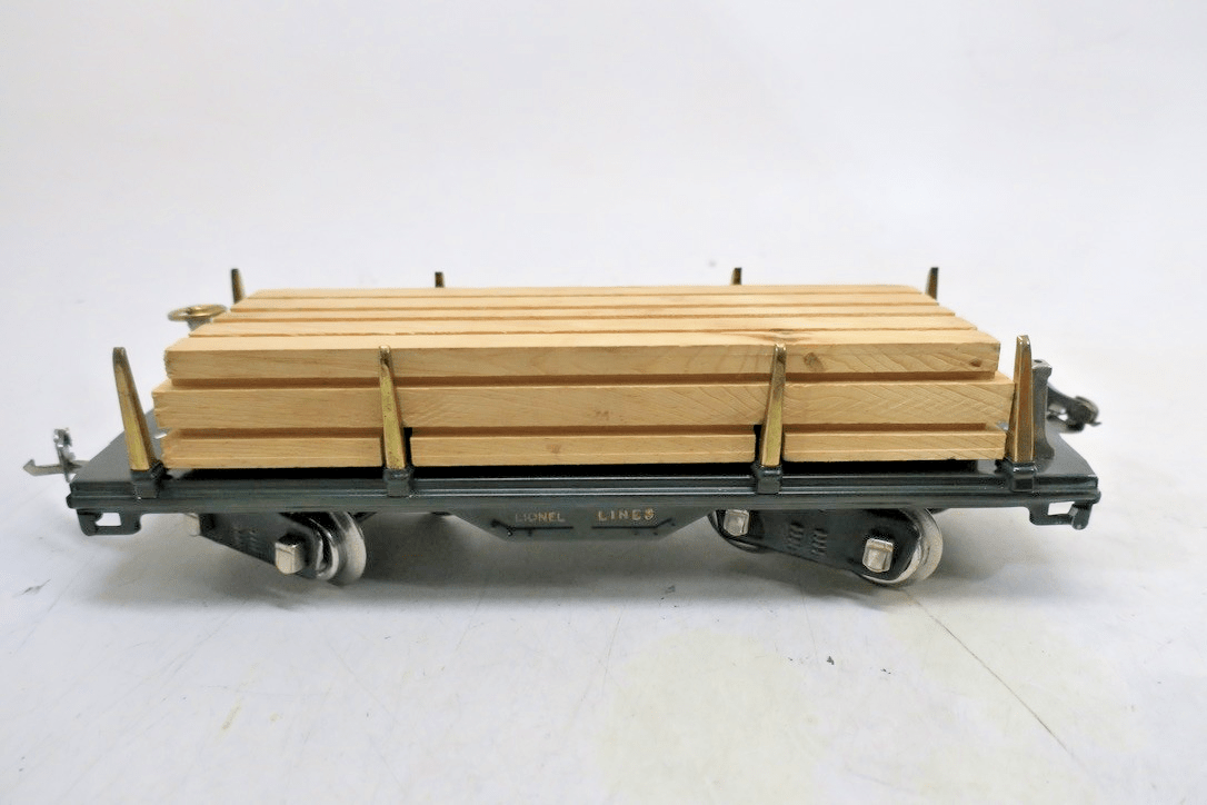 MTH Standard Gauge Tinplate Dark Grenn 511 Flat Car w/ Wood Load 10 - 1117 - WISE GUYS HOBBIES LLC