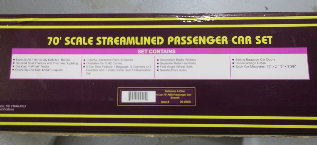 MTH 20-6565 O Baltimore & Ohio 70' Streamlined Passenger Car Set (Set of 5)