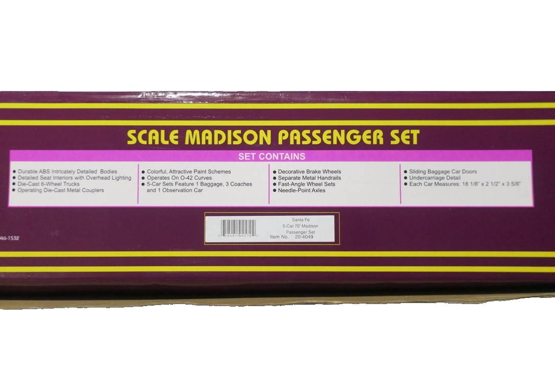 MTH 20-4049 O Santa Fe Madison 70' Madison Passenger Car Set (Set of 5)/Box