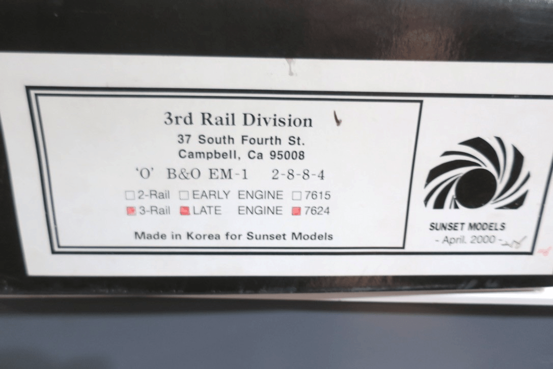 SUNSET 3RD RAIL DIVISION BRASS 3 - RAIL, B&O 2 - 8 - 8 - 4 EM - 1,  7624, MINT IN BOX - WISE GUYS HOBBIES LLC