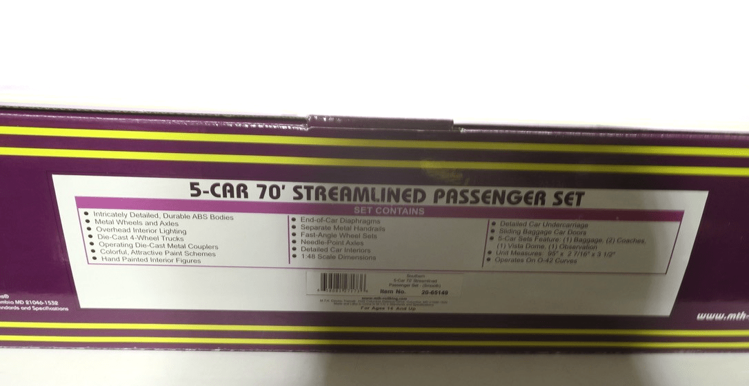 MTH 20-65149 O Southern 70' Streamlined ABS Smooth Passenger Set (Set of 5) - WISE GUYS HOBBIES LLC