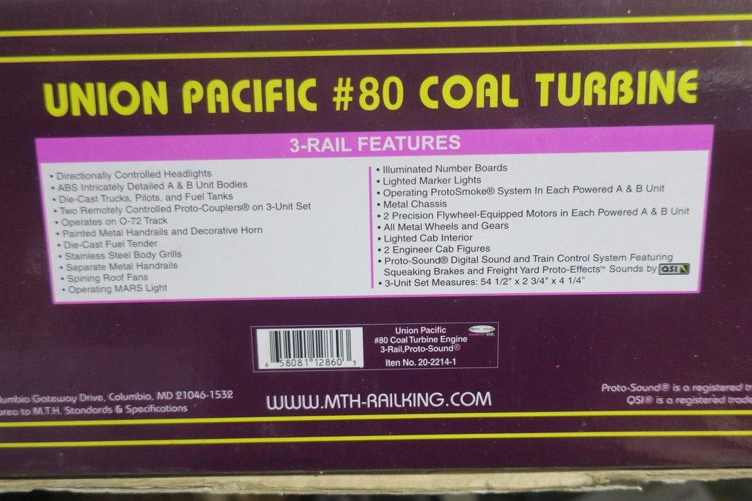 Mth Union Pacific 80 Coal Turbine Engine w/ Protosound 1 20 - 2214 - 1 - WISE GUYS HOBBIES LLC