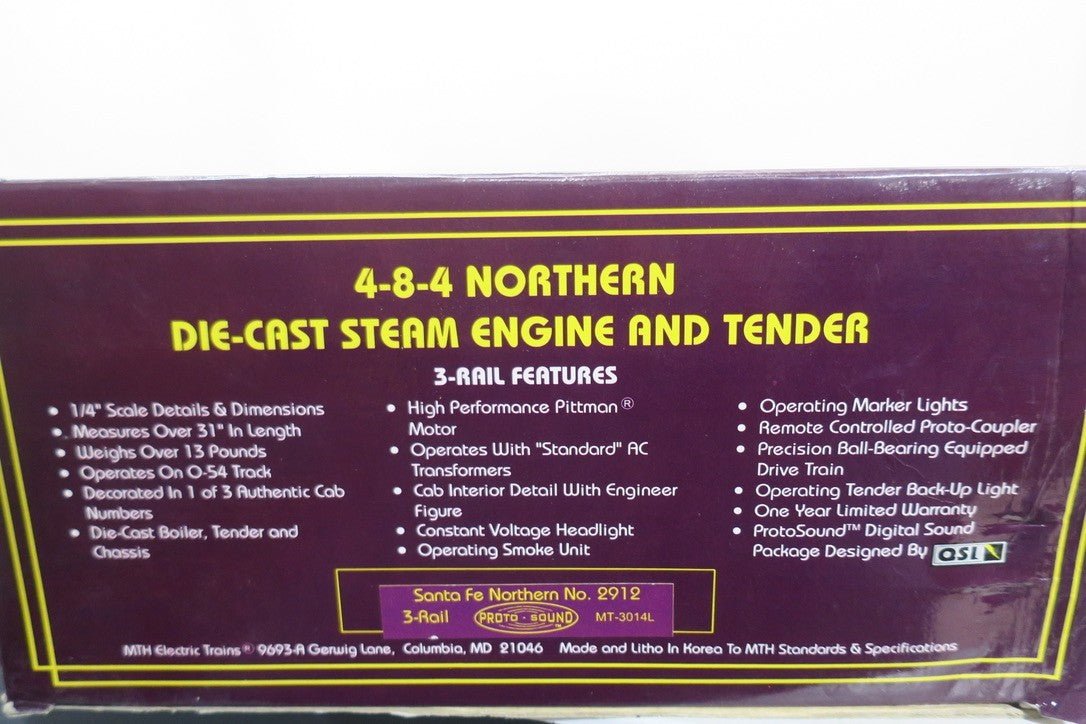 MTH 4 - 8 - 4 Santa Fe Northern no. 2912 Steam Engine MT - 3014L w/ Proto Sound - WISE GUYS HOBBIES LLC