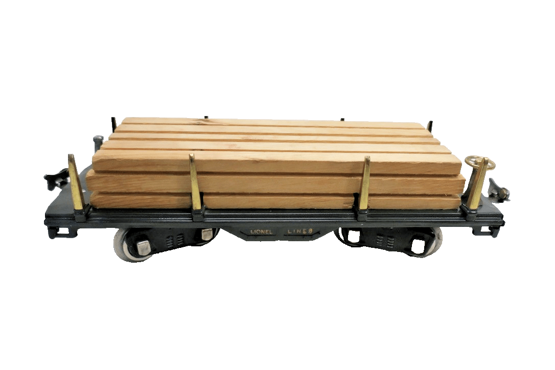 MTH Standard Gauge Tinplate Dark Grenn 511 Flat Car w/ Wood Load 10 - 1117 - WISE GUYS HOBBIES LLC