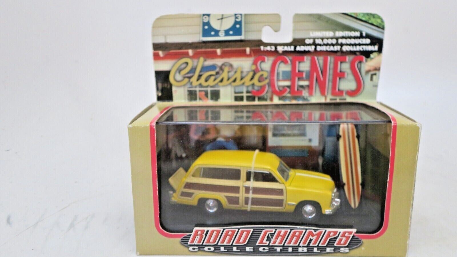 ROAD CHAMPS CLASSIC SCENES 1949 FORD WOODY WAGON W/ SURF BOARD - WISE GUYS HOBBIES LLC