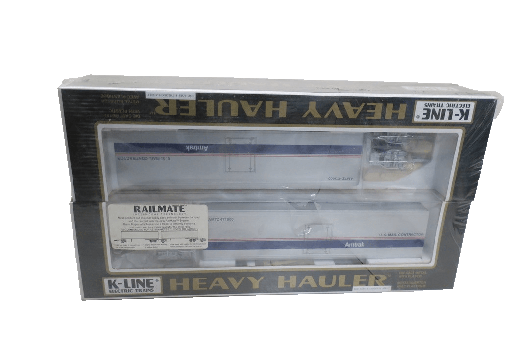 K - Line Heavy Hauler Railmate Amtrak U.S. Mail Trailers O Gauge New - WISE GUYS HOBBIES LLC