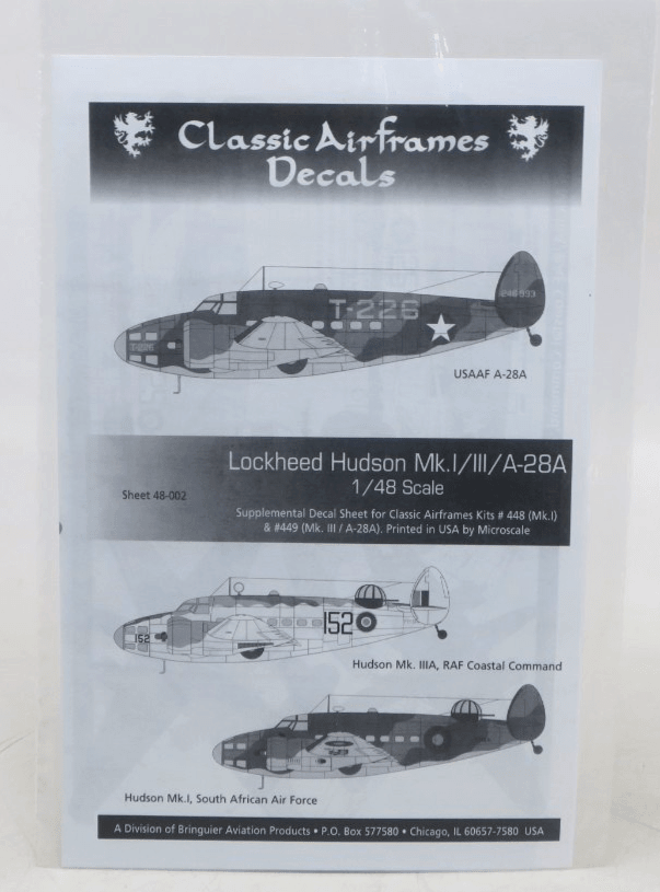 Classic Airframes Decals 1/48 Lockheed Hudson Mk.I/III/A-28A CAFD48002 - WISE GUYS HOBBIES LLC