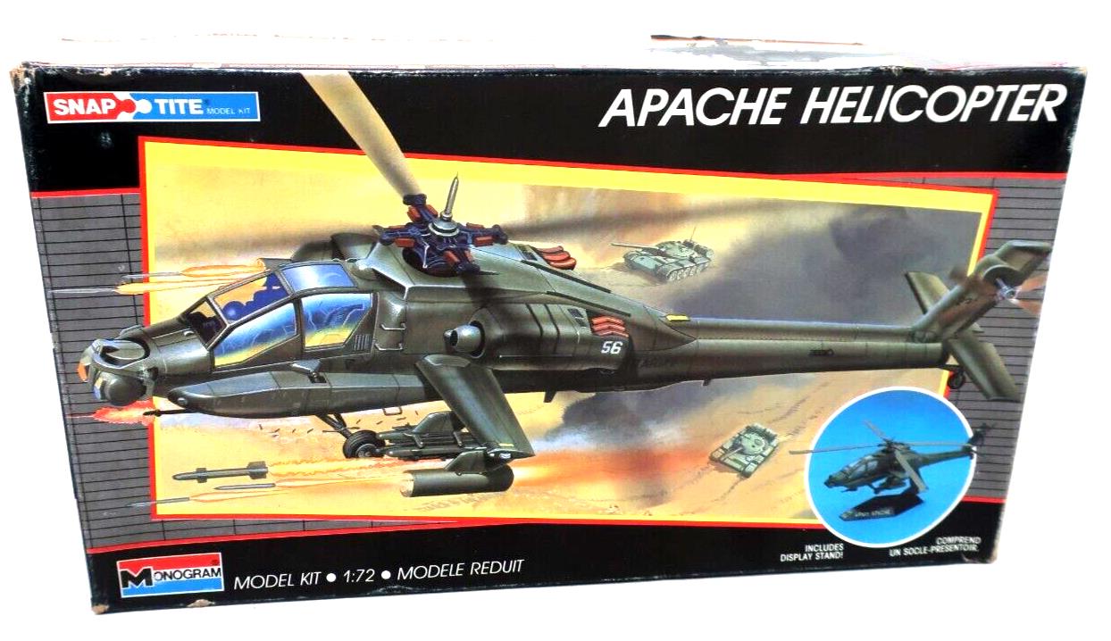 MONOGRAM SNAP TITE 1/72 SCALE AH-64 APACHE HELICOPTER PLASTIC MODEL KIT NO. 1129